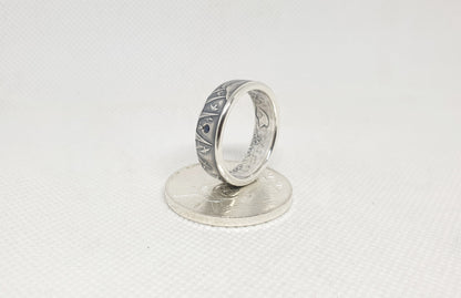 Bague pièce de monnaie 100 Francs "Statue de la liberté" en argent serti d'un saphir (coin ring)