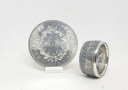 Bague pièce de monnaie 50 Francs Hercule en argent serti d'un saphir (coin ring)