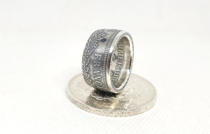 Bague pièce de monnaie 50 Francs Hercule en argent serti d'un saphir (coin ring)