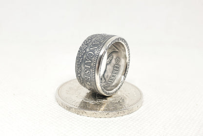 Bague pièce de monnaie 50 Francs Hercule en argent serti d'un saphir (coin ring)