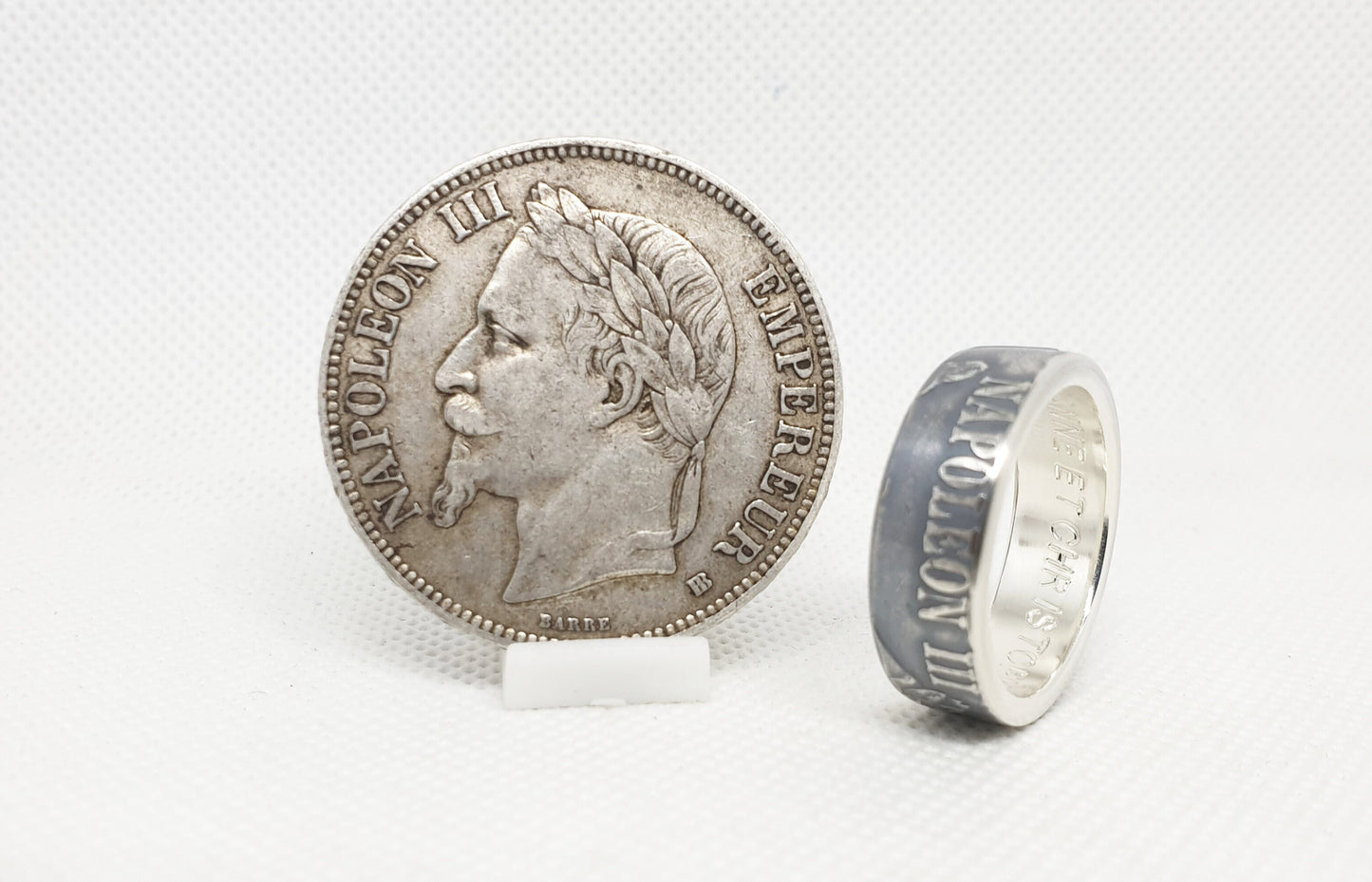 Bague pièce de monnaie 5 Francs Napoléon III visible en argent style alliance avec gravure (coin ring)