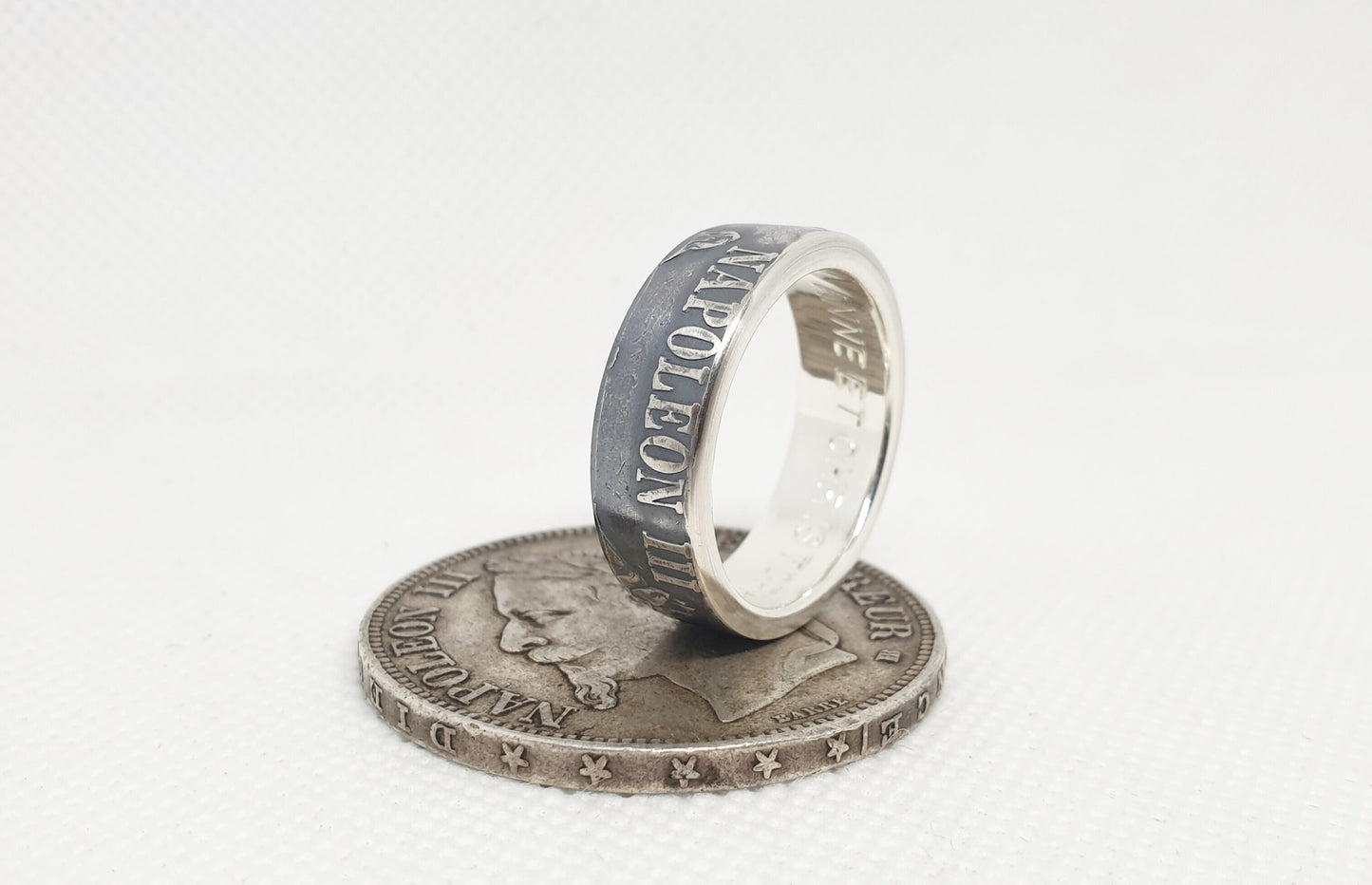 Bague pièce de monnaie 5 Francs Napoléon III visible en argent style alliance avec gravure (coin ring)