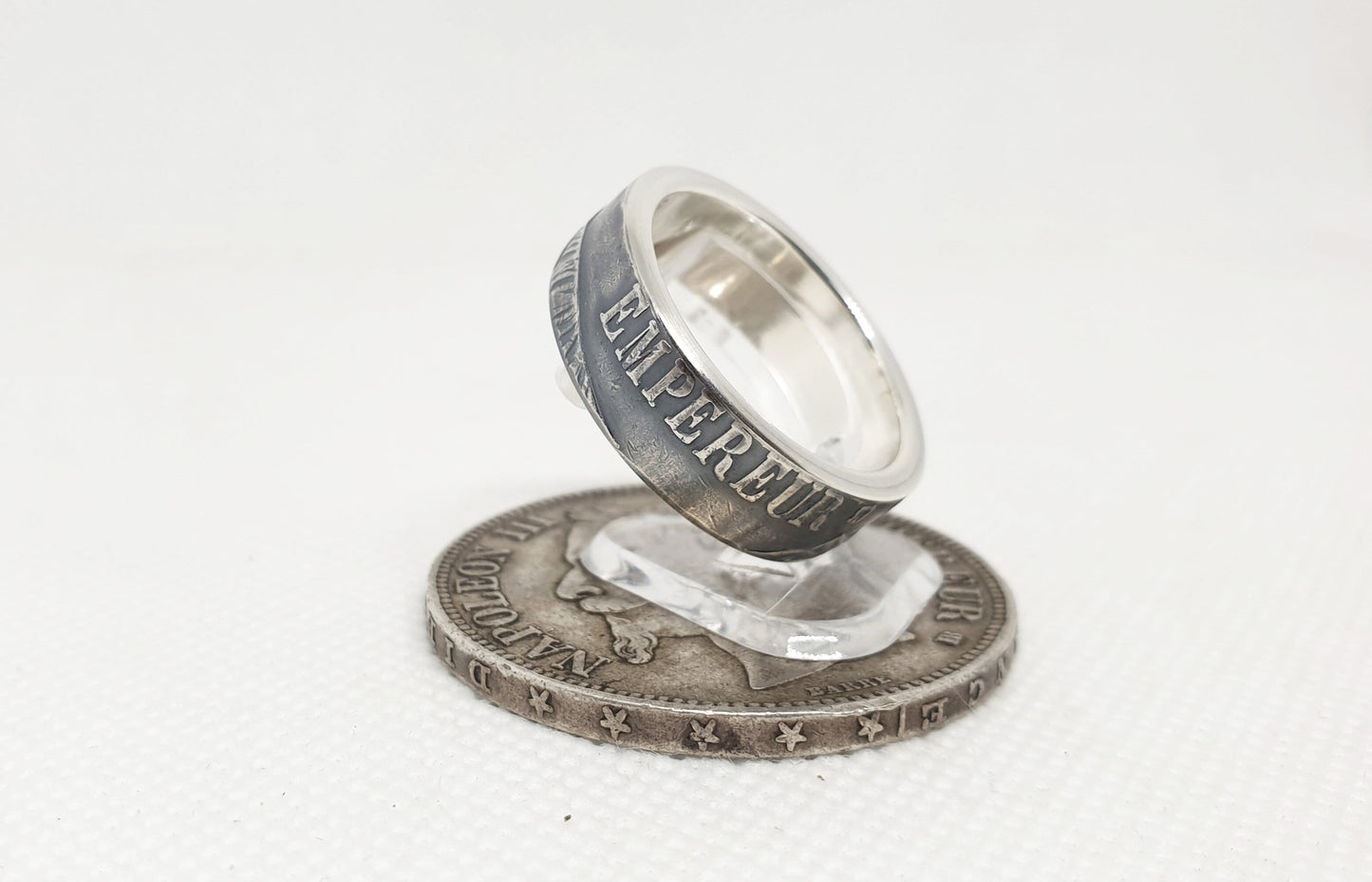 Bague pièce de monnaie 5 Francs Napoléon III visible en argent style alliance avec gravure (coin ring)