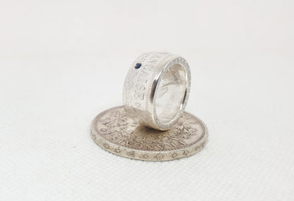 Bague pièce de monnaie 10 Francs Hercule en argent serti d'un saphir (coin ring)