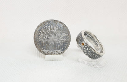 Bague pièce de monnaie 100 Francs "Panthéon" en argent serti d'une citrine (coin ring)