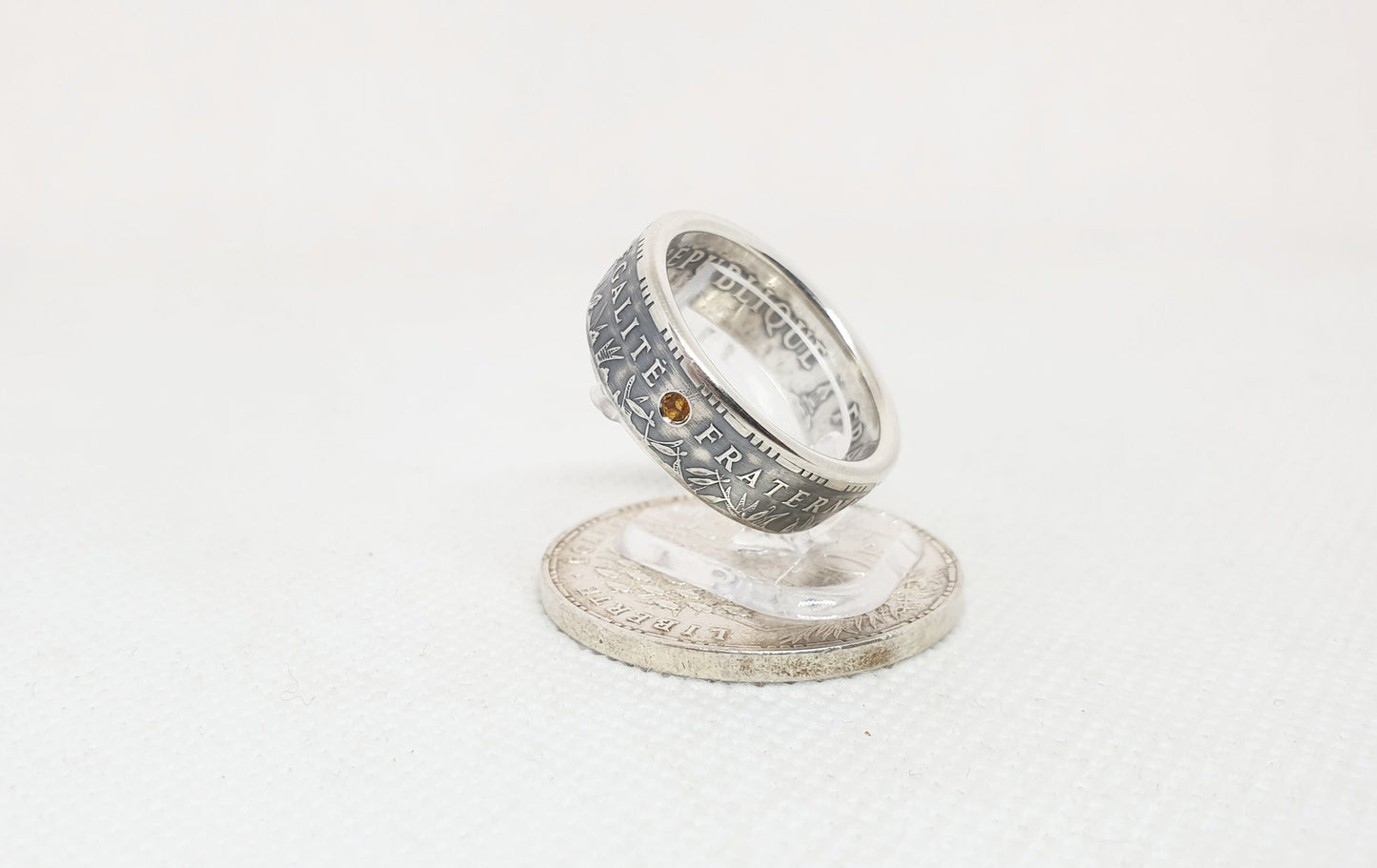 Bague pièce de monnaie 100 Francs "Panthéon" en argent serti d'une citrine (coin ring)