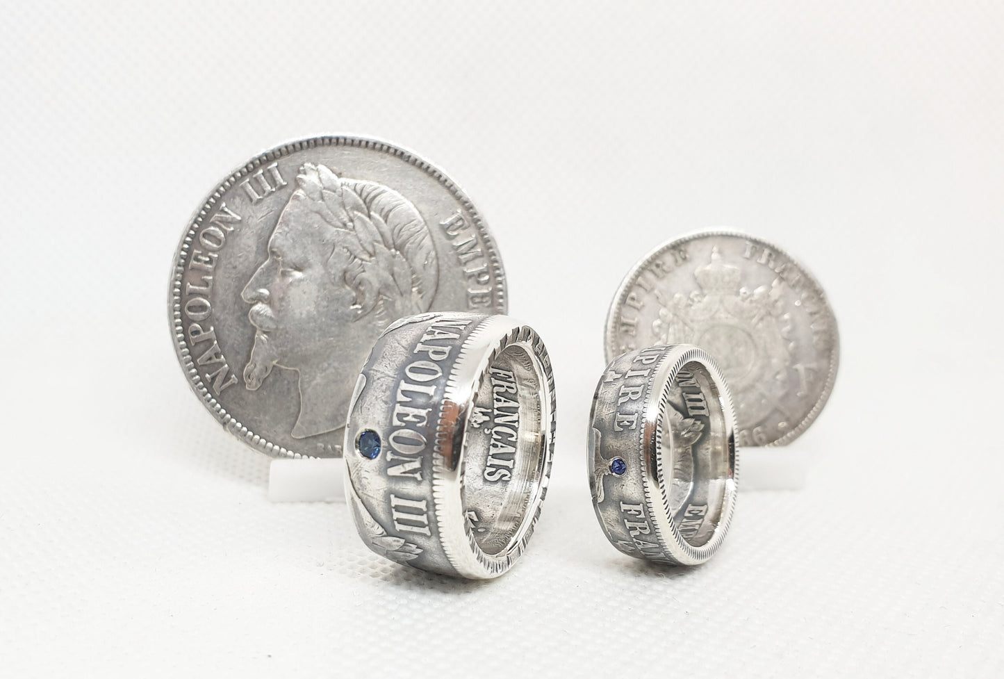 Ensemble Bague pièce de monnaie 5 et 2 Francs Napoléon III argent serti d'un saphir (coin ring)