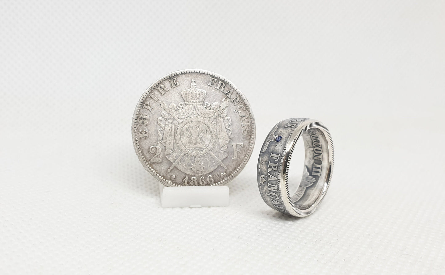 Bague pièce de monnaie 2 Francs Napoléon en argent serti d'un saphir (coin ring)