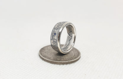 Bague pièce de monnaie 2 Francs Napoléon en argent serti d'un saphir (coin ring)