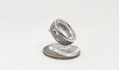 Bague pièce de monnaie 2 Francs Napoléon en argent serti d'un saphir (coin ring)