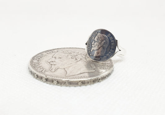 Bague pièce de monnaie 20 Centimes Napoléon III tête laurée cintrée en argent