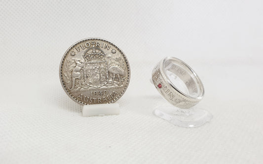 Bague pièce de monnaie 1 Florin d'Australie en argent serti d'un rubis (coin ring)