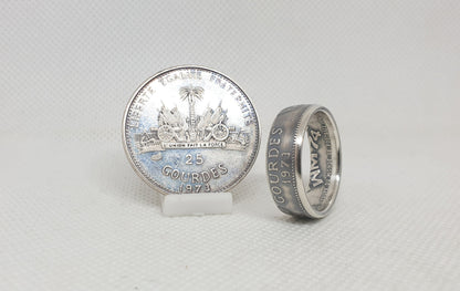 Bague pièce de monnaie 25 Gourdes d'Haiti en argent  (coin ring)