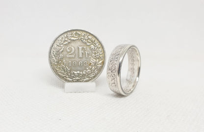Bague pièce de monnaie 2 Francs Suisse en argent serti d'un rubis (coin ring)