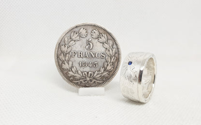 Bague pièce de monnaie 5 francs Louis Philippe en argent serti d'un saphir (coin ring)