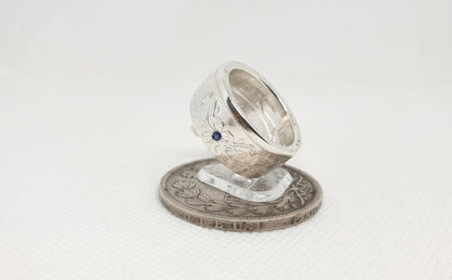 Bague pièce de monnaie 5 francs Louis Philippe en argent serti d'un saphir (coin ring)