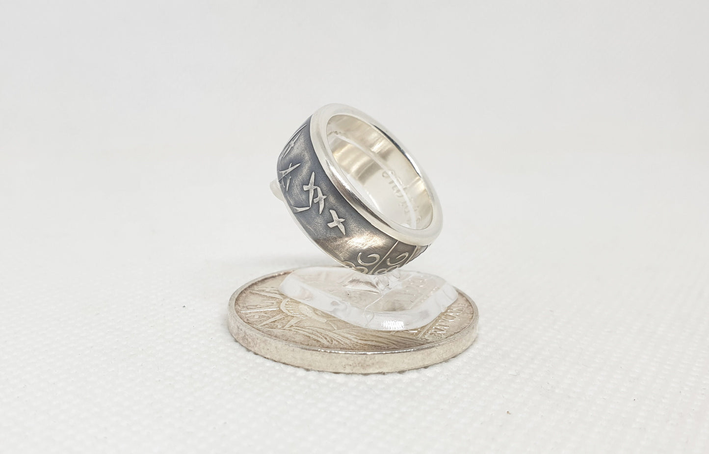 Bague pièce de monnaie 100 Francs "Statue de la Liberté" en argent style alliance avec gravure (coin ring)