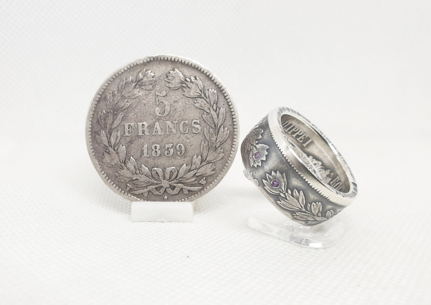 Bague pièce de monnaie 5 francs Louis Philippe en argent serti de deux améthystes (coin ring)