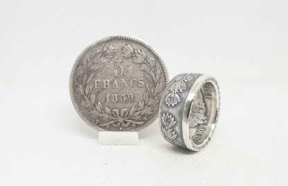 Bague pièce de monnaie 5 francs Louis Philippe en argent serti de deux améthystes (coin ring)