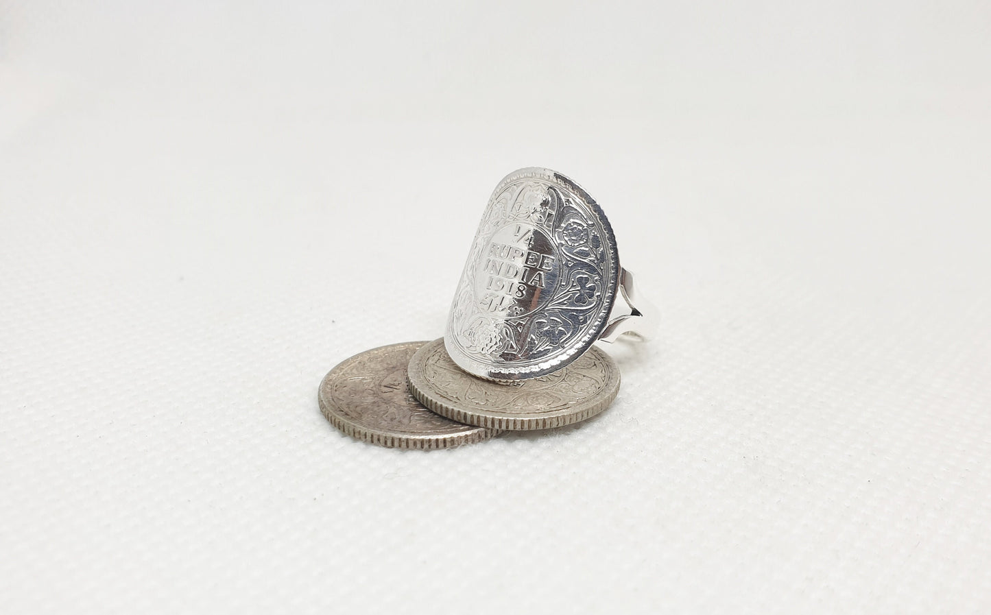 Bague pièce de monnaie 1/4 Rupee d'Inde cintrée en argent