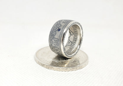 Bague pièce de monnaie 50 Francs Hercule en argent serti d'un saphir (coin ring)