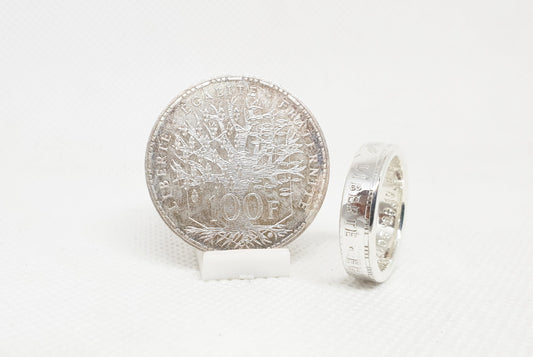 Bague pièce de monnaie 100 Francs "Panthéon" en argent style alliance avec gravure (coin ring)