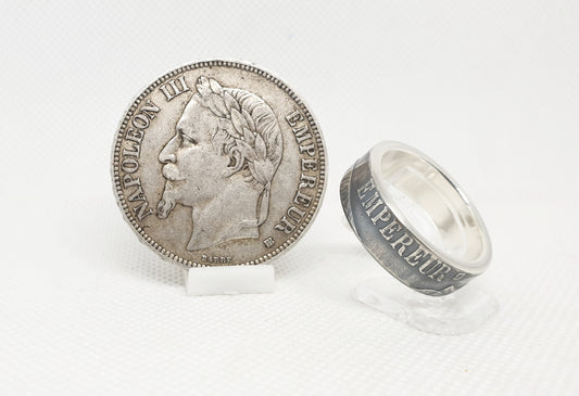 Bague pièce de monnaie 5 Francs Napoléon III visible en argent style alliance avec gravure (coin ring)