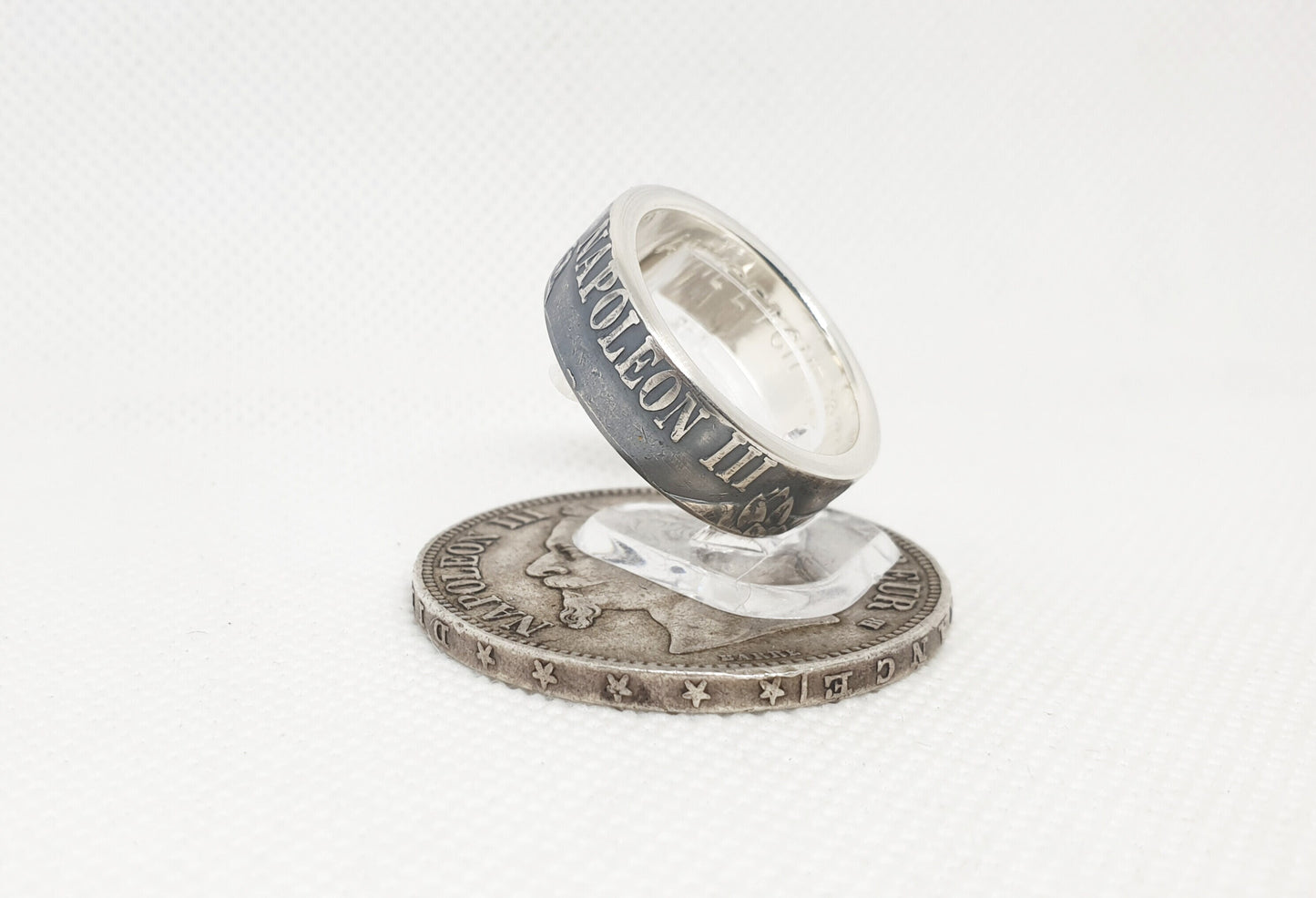 Bague pièce de monnaie 5 Francs Napoléon III visible en argent style alliance avec gravure (coin ring)