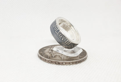 Bague pièce de monnaie 5 Francs Napoléon III visible en argent style alliance avec gravure (coin ring)