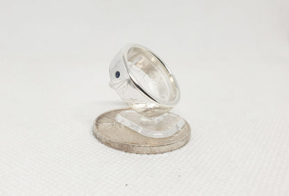 Bague pièce de monnaie 100 Francs "Statue de la liberté" en argent serti d'un saphir (coin ring)