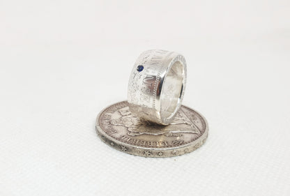 Bague pièce de monnaie 10 Francs Hercule en argent serti d'un saphir (coin ring)