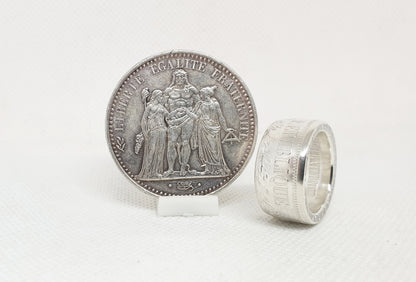 Bague pièce de monnaie 10 Francs Hercule en argent serti d'un saphir (coin ring)