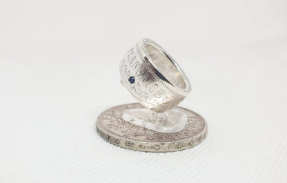 Bague pièce de monnaie 10 Francs Hercule en argent serti d'un saphir (coin ring)