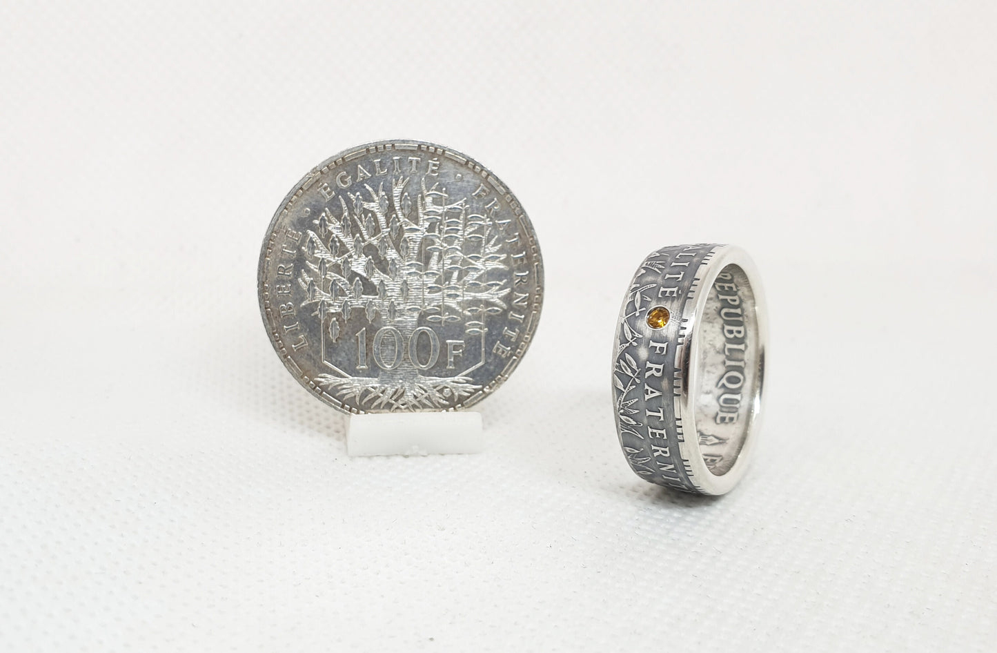 Bague pièce de monnaie 100 Francs "Panthéon" en argent serti d'une citrine (coin ring)