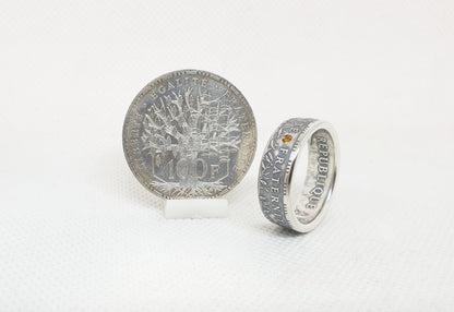 Bague pièce de monnaie 100 Francs "Panthéon" en argent serti d'une citrine (coin ring)