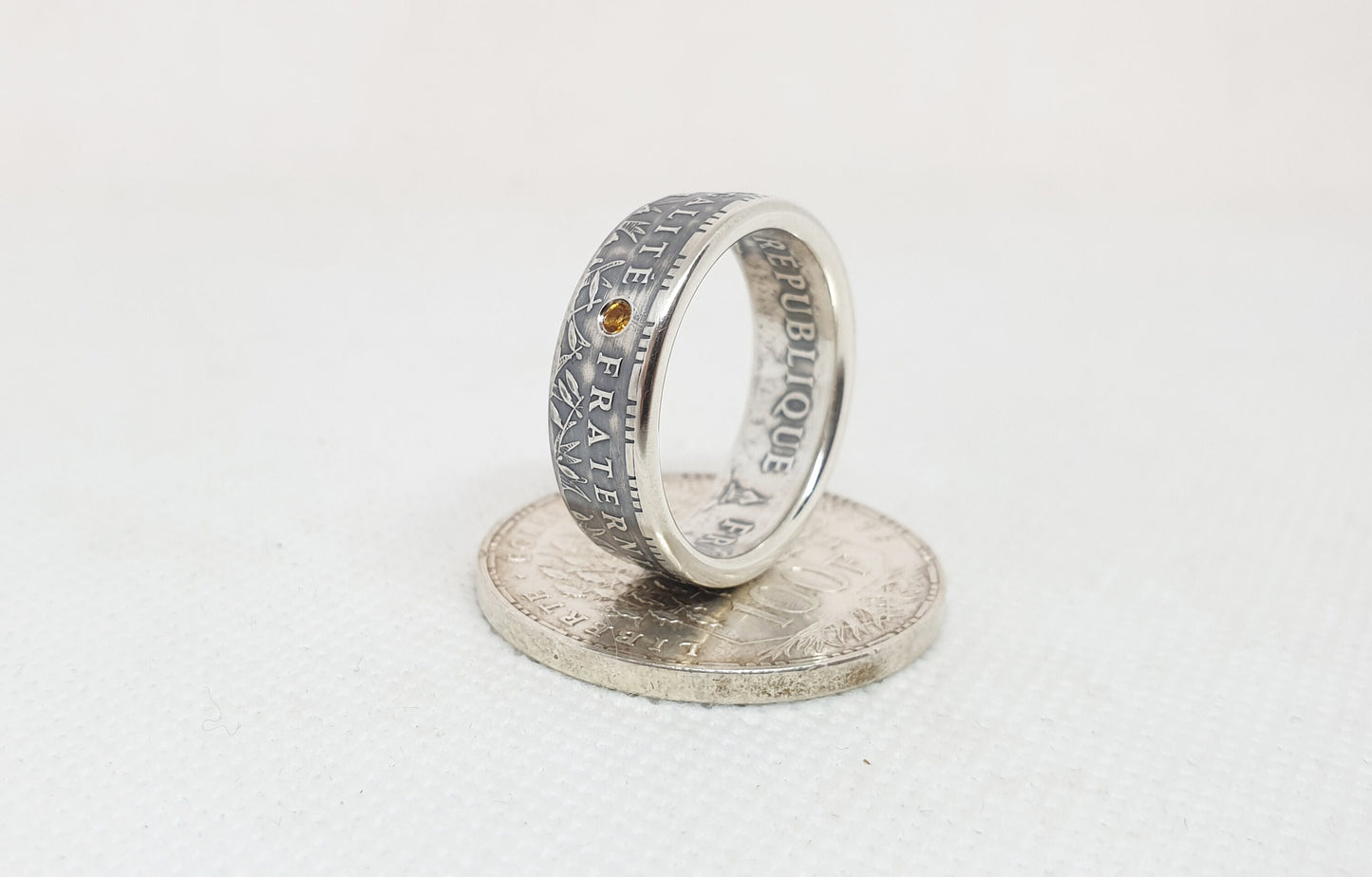 Bague pièce de monnaie 100 Francs "Panthéon" en argent serti d'une citrine (coin ring)