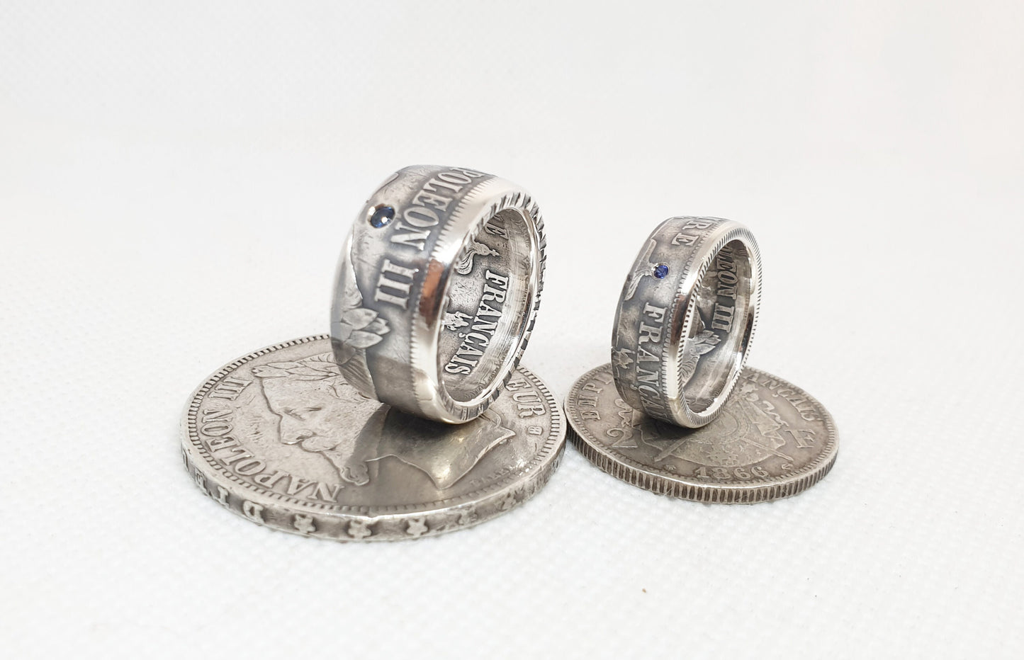 Ensemble Bague pièce de monnaie 5 et 2 Francs Napoléon III argent serti d'un saphir (coin ring)