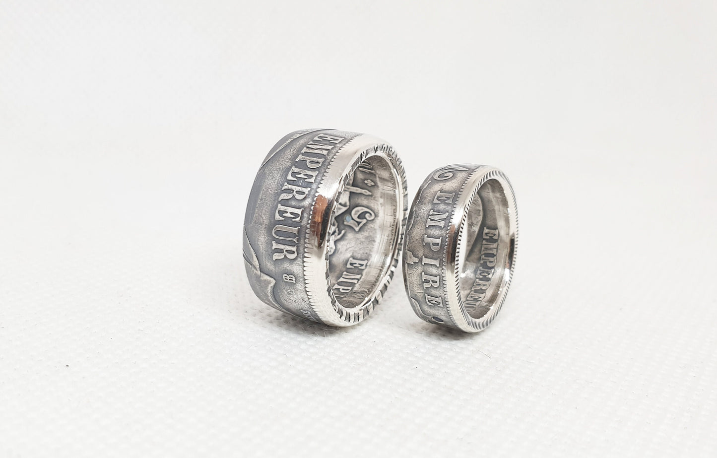 Ensemble Bague pièce de monnaie 5 et 2 Francs Napoléon III argent serti d'un saphir (coin ring)