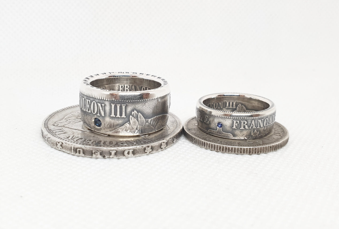 Ensemble Bague pièce de monnaie 5 et 2 Francs Napoléon III argent serti d'un saphir (coin ring)