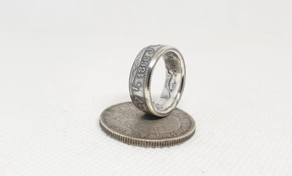 Bague pièce de monnaie 2 Francs Napoléon en argent serti d'un saphir (coin ring)