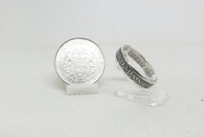 Bague pièce de monnaie 200 Lei Roumanie en argent style alliance (coin ring)