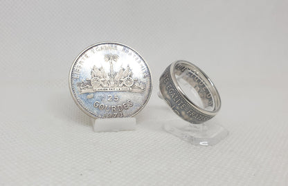 Bague pièce de monnaie 25 Gourdes d'Haiti en argent  (coin ring)