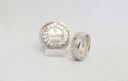 Bague pièce de monnaie 1 franc Louis Philippe en argent serti d'une tsavorite (coin ring)