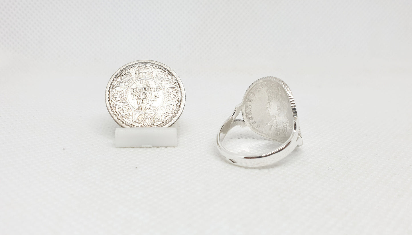 Bague pièce de monnaie 1/4 Rupee d'Inde cintrée en argent