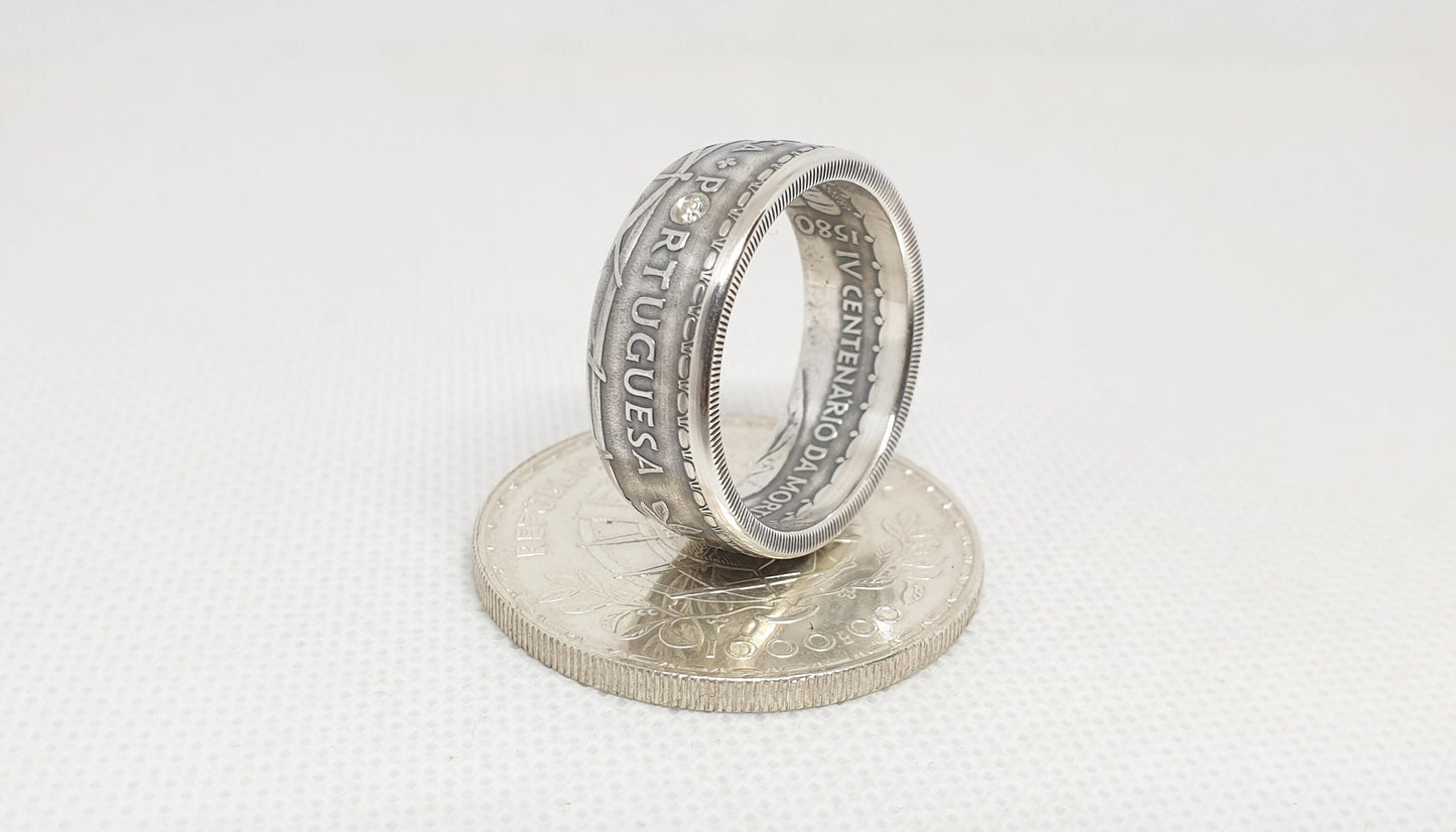 Bague pièce de monnaie 1000 Escudos " Louis de Camoes" du Portugal en argent serti d'un diamant (coin ring)