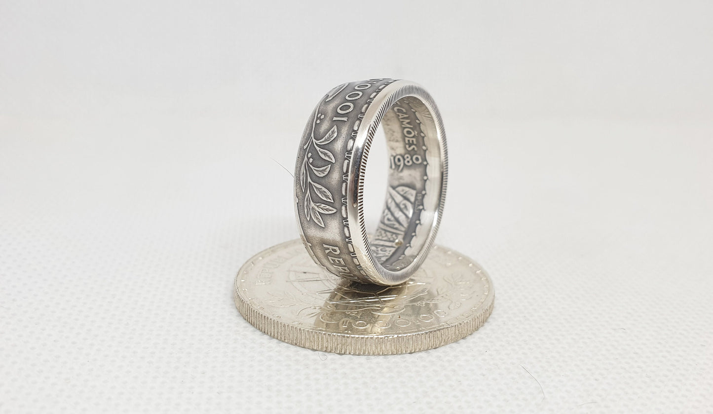 Bague pièce de monnaie 1000 Escudos " Louis de Camoes" du Portugal en argent serti d'un diamant (coin ring)