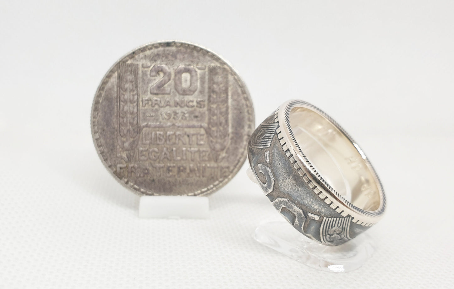 Bague pièce de monnaie 20 Francs Turin en argent style alliance avec gravure (coin ring)