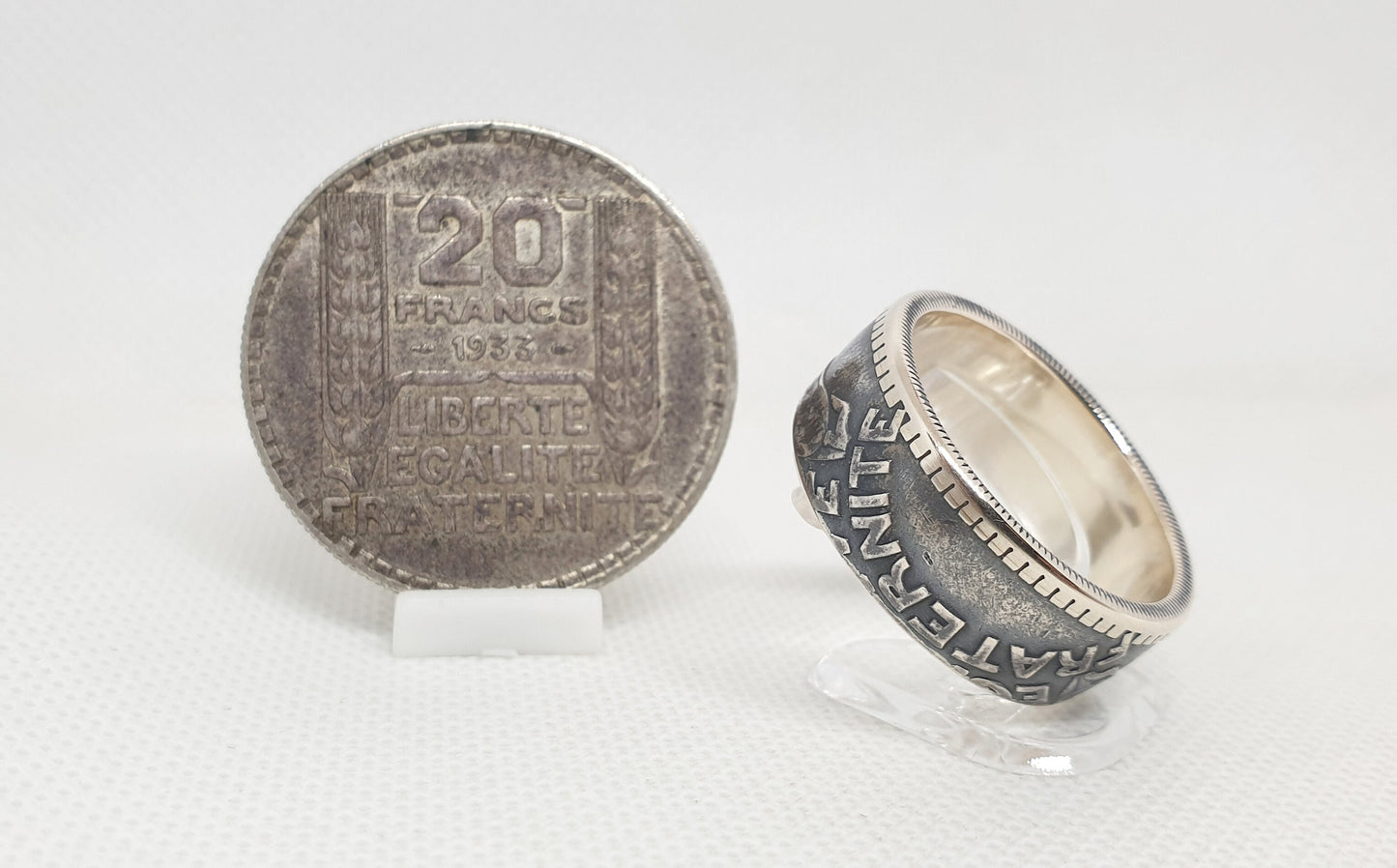 Bague pièce de monnaie 20 Francs Turin en argent style alliance avec gravure (coin ring)