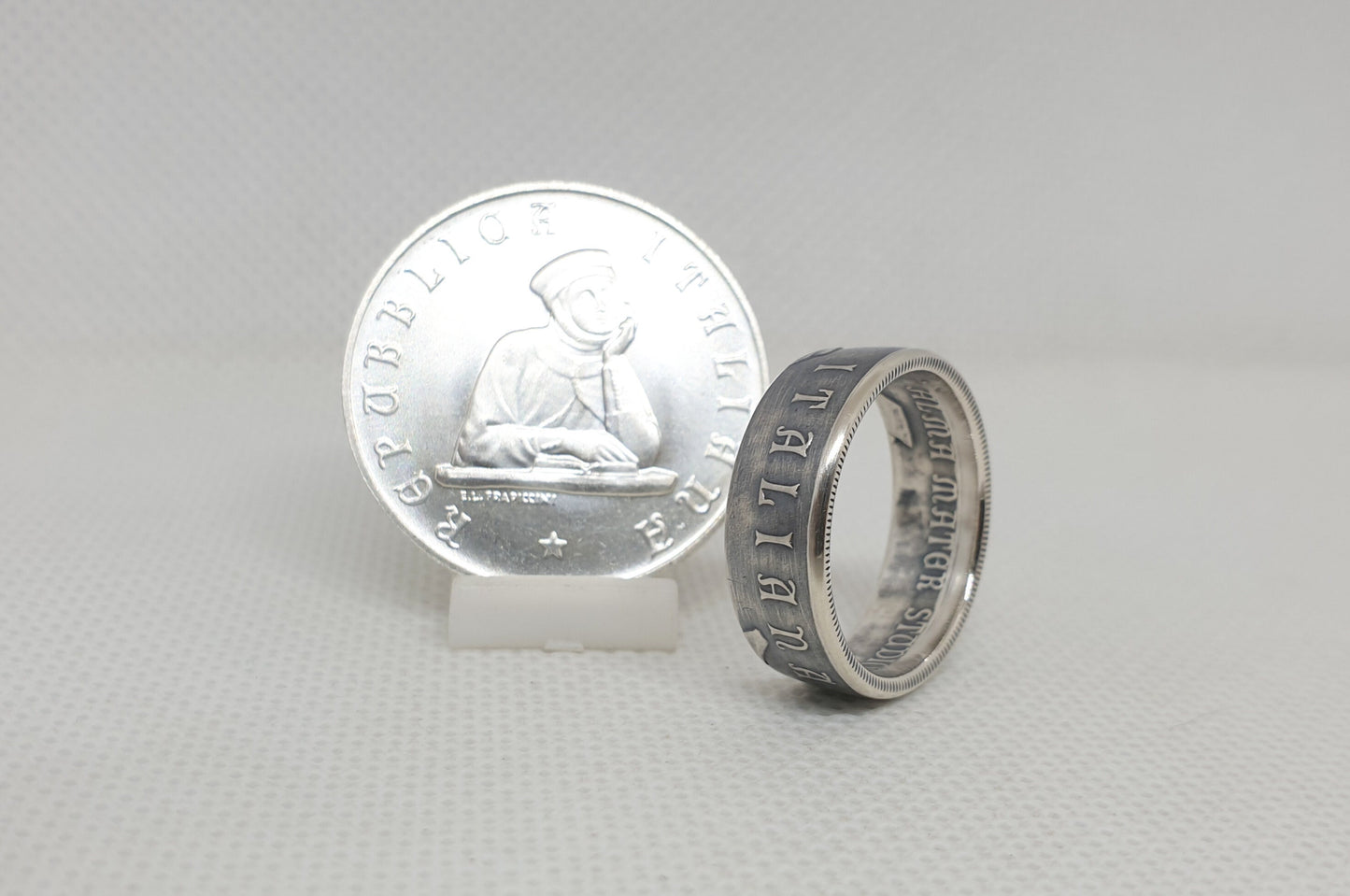 Bague pièce de monnaie 100 Lires d’Italie "Université de Bologne" en argent (coin ring)