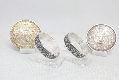 Ensemble bague pièce de monnaie 1 Rupee et un demi Rupee en argent style alliance avec gravure (coin ring)